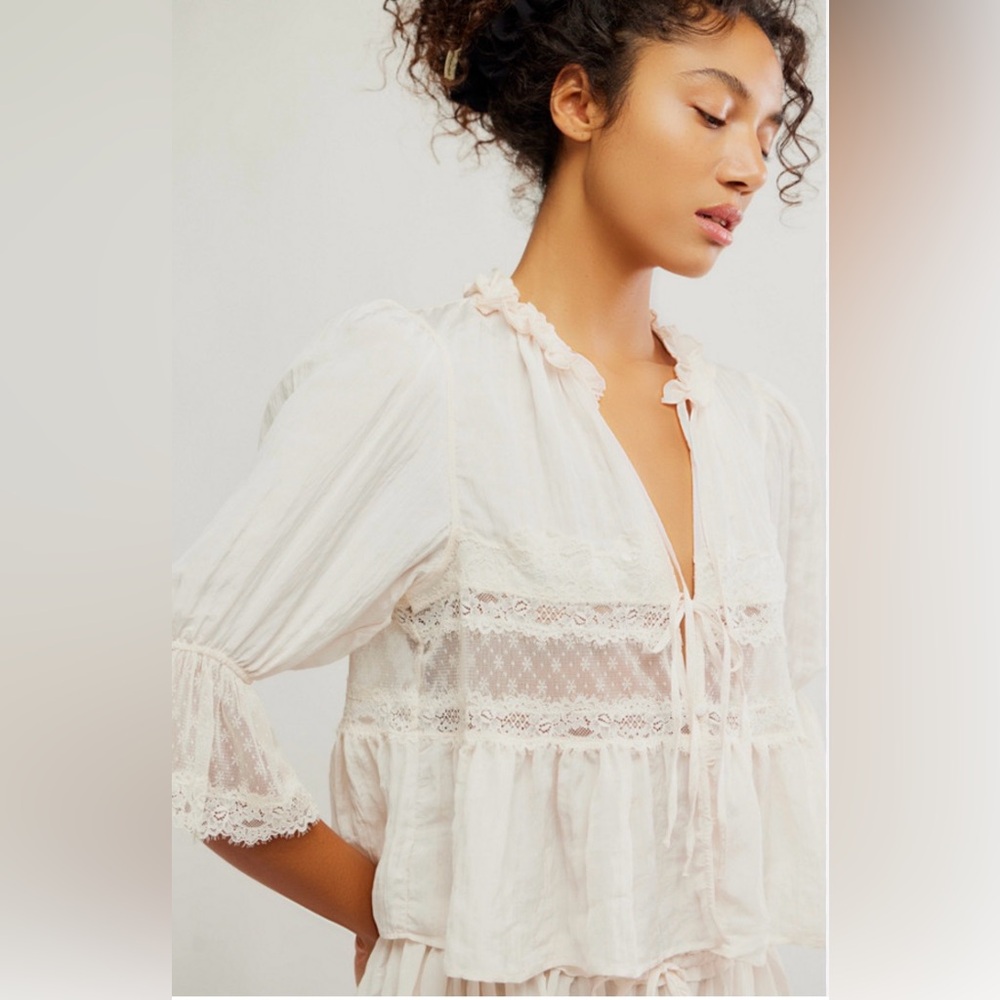 Free People Ivory Lace-Trim Peasant Blouse - Picture 3 of 10